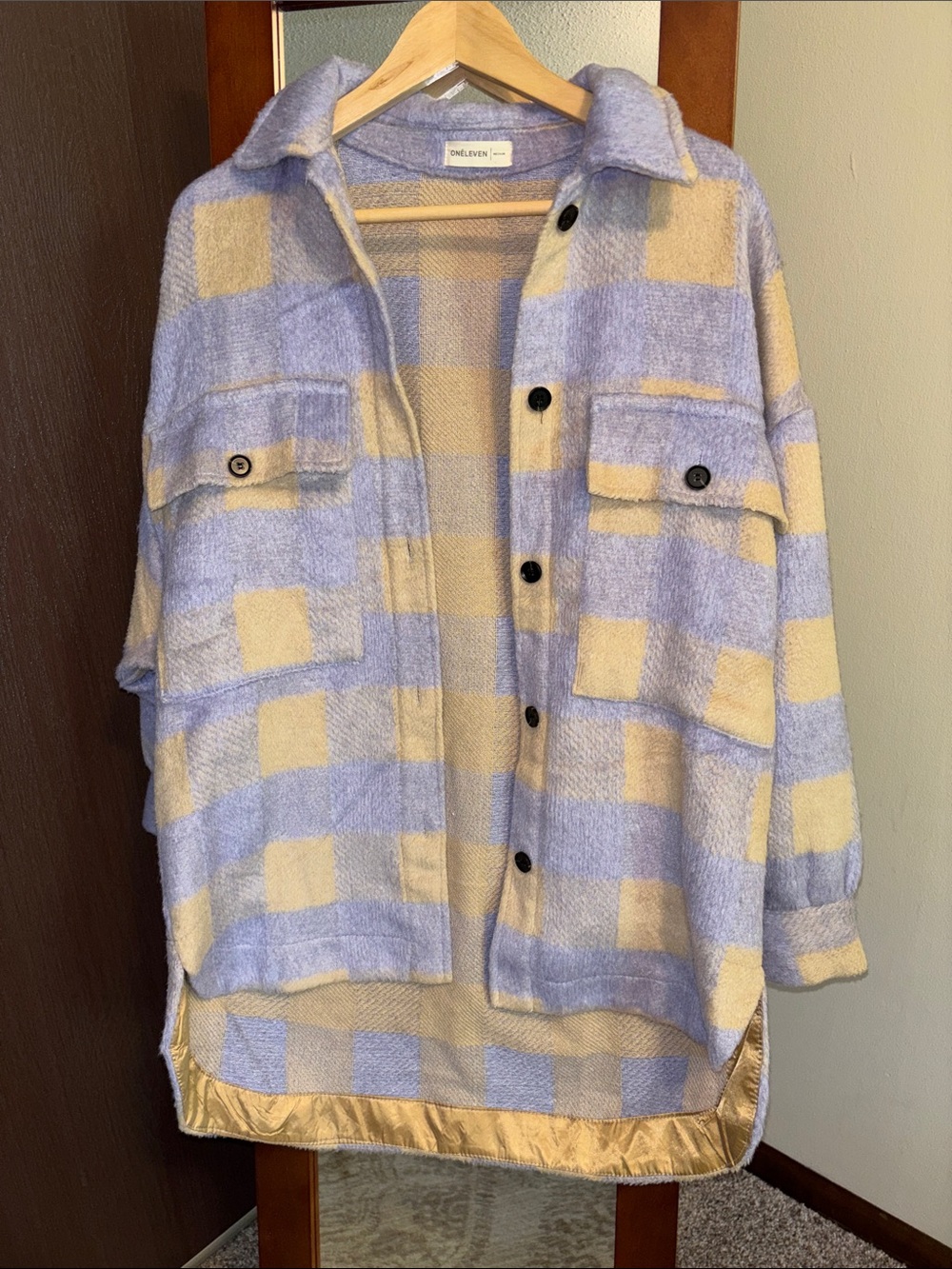 Oneleven Cardigan Flannel Cream and Purple Size Medium